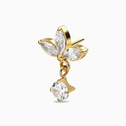 24Kt Gold PVD Titanium Threadless Triple Marquise Leaf with Hanging Gem Top
