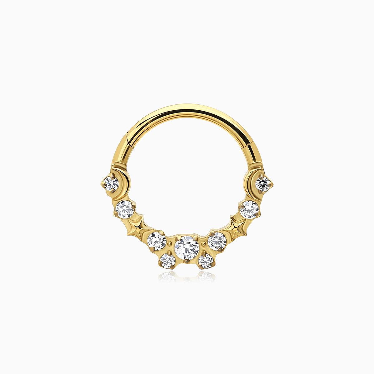 18Kt Gold PVD Titanium Moon and Star Gem Front Facing Hinged Segment Clicker