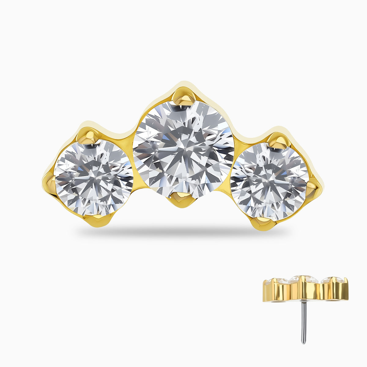 ASTM F-136 Titanium 3-Stone Curved Cluster | 24Kt Gold PVD | Threadless Top
