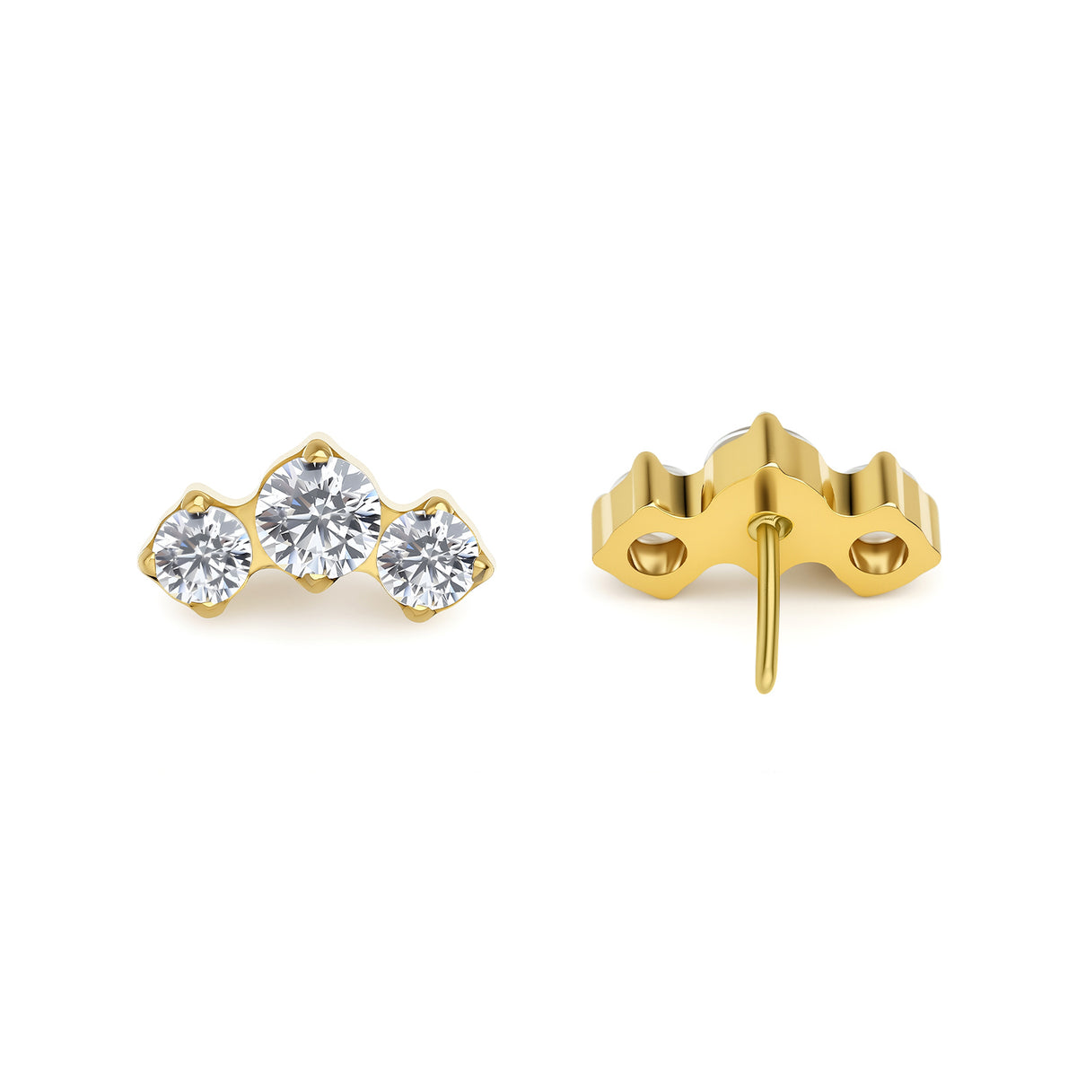 ASTM F-136 Titanium 3-Stone Curved Cluster | 24Kt Gold PVD | Threadless Top