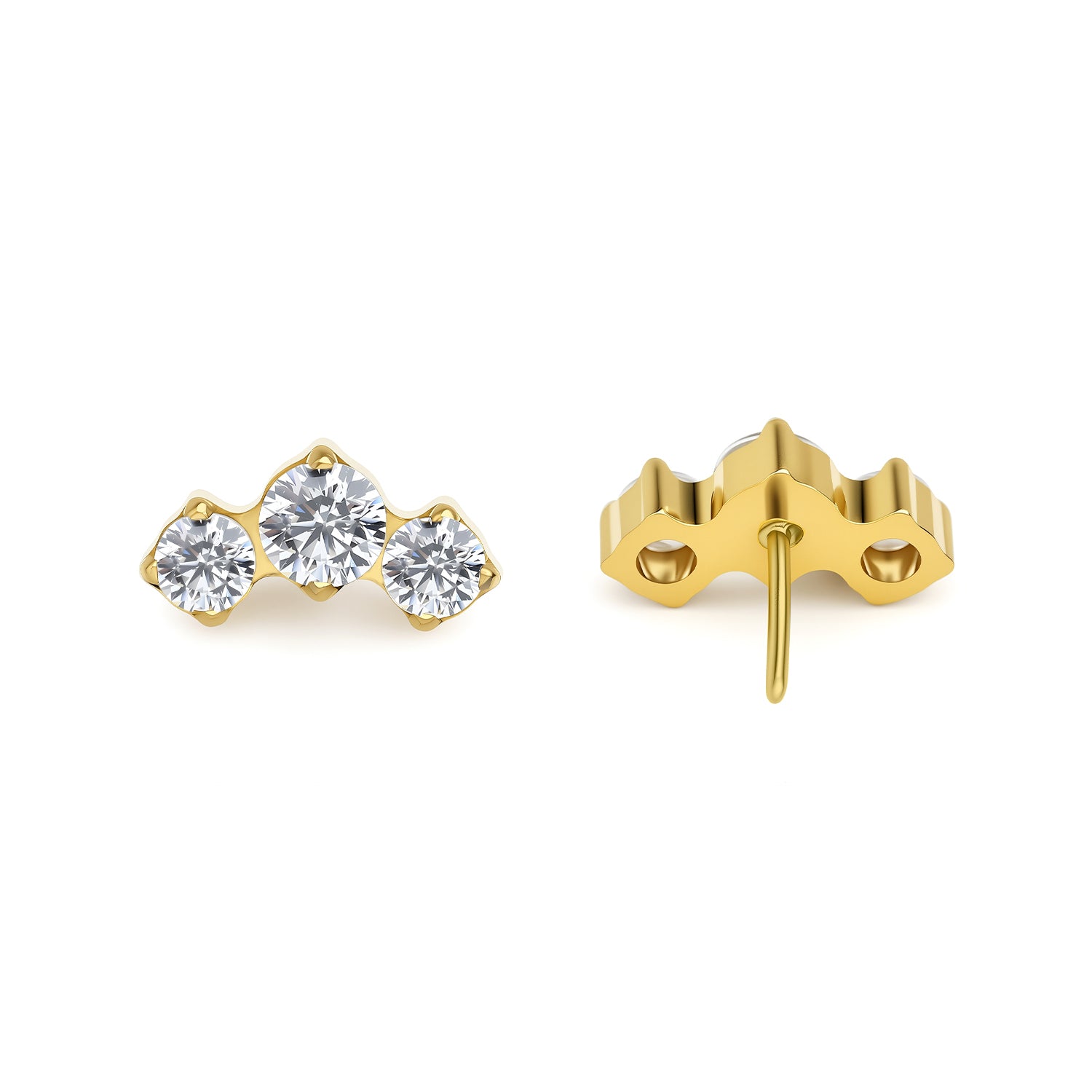 ASTM F-136 Titanium 3-Stone Curved Cluster | 24Kt Gold PVD | Threadless Top