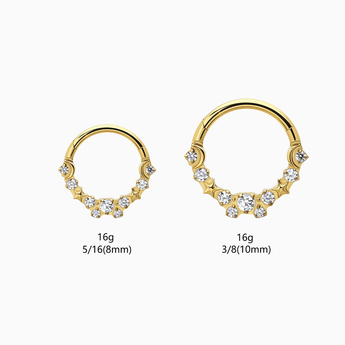 18Kt Gold PVD Titanium Moon and Star Gem Front Facing Hinged Segment Clicker