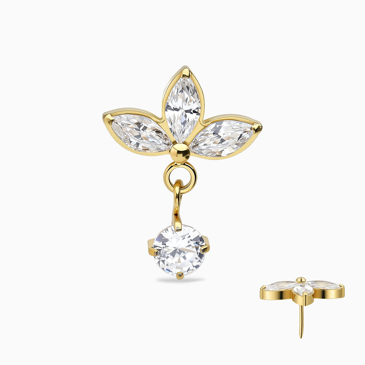 24Kt Gold PVD Titanium Threadless Triple Marquise Leaf with Hanging Gem Top