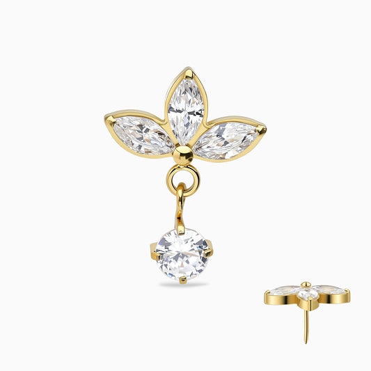 24Kt Gold PVD Titanium Threadless Triple Marquise Leaf with Hanging Gem Top