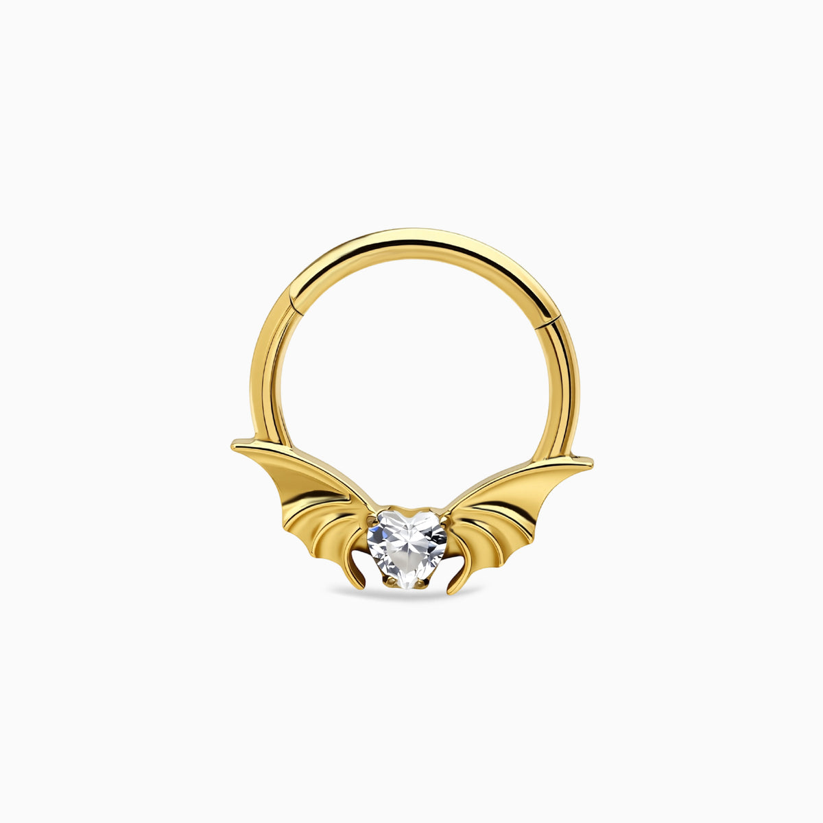 18Kt Gold PVD Titanium Heart Gem Bat Wing Front Facing Hinged Clicker