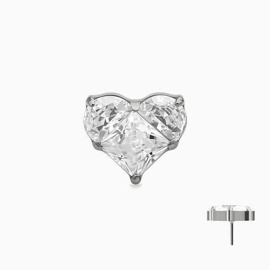 Titanium Threadless Prong-Set 3-Stone Heart Shape Cluster Top