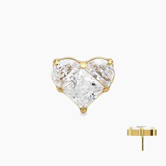 18Kt Gold PVD Titanium Threadless Prong-Set 3-Stone Heart Shape Cluster Top