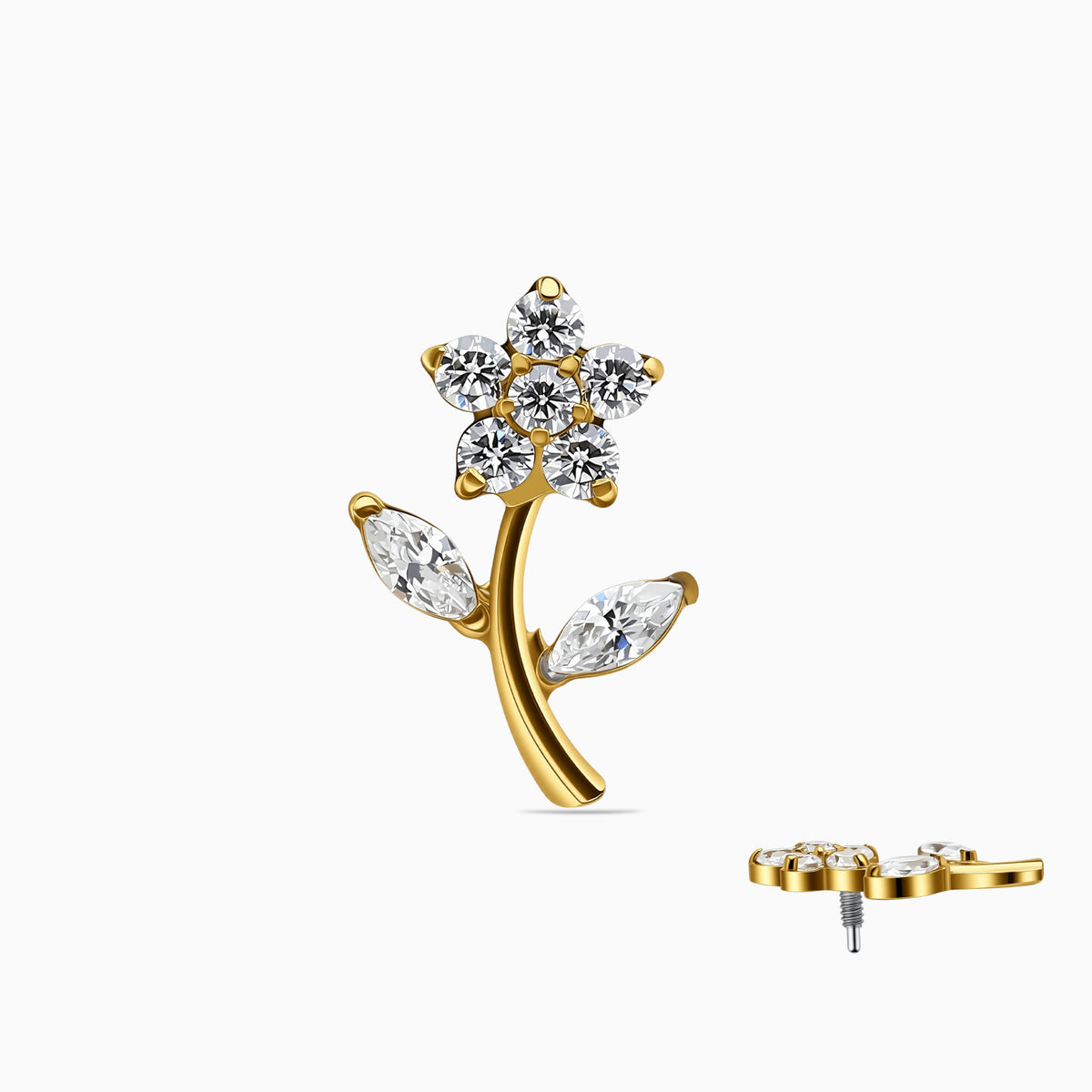 18Kt Gold PVD Titanium Internally Threaded CZ Flower with Stem Top