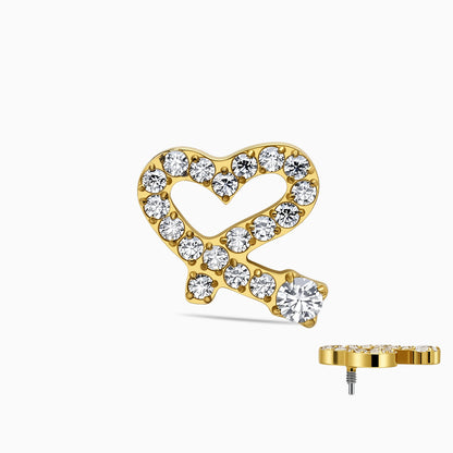 18K Gold PVD Titanium Internally Threaded CZ Heart Ribbon Top