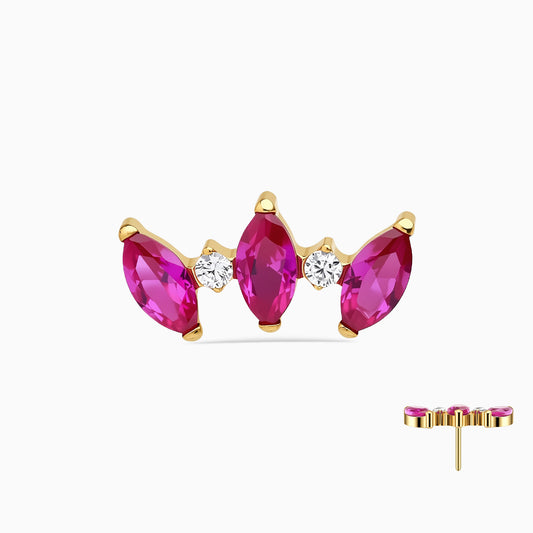 18Kt Gold PVD Titanium Threadless Ruby and CZ Leaf Cluster Top.