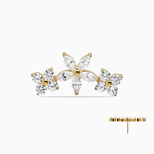 18Kt Gold PVD Titanium Threadless Floral Triple Cluster Top