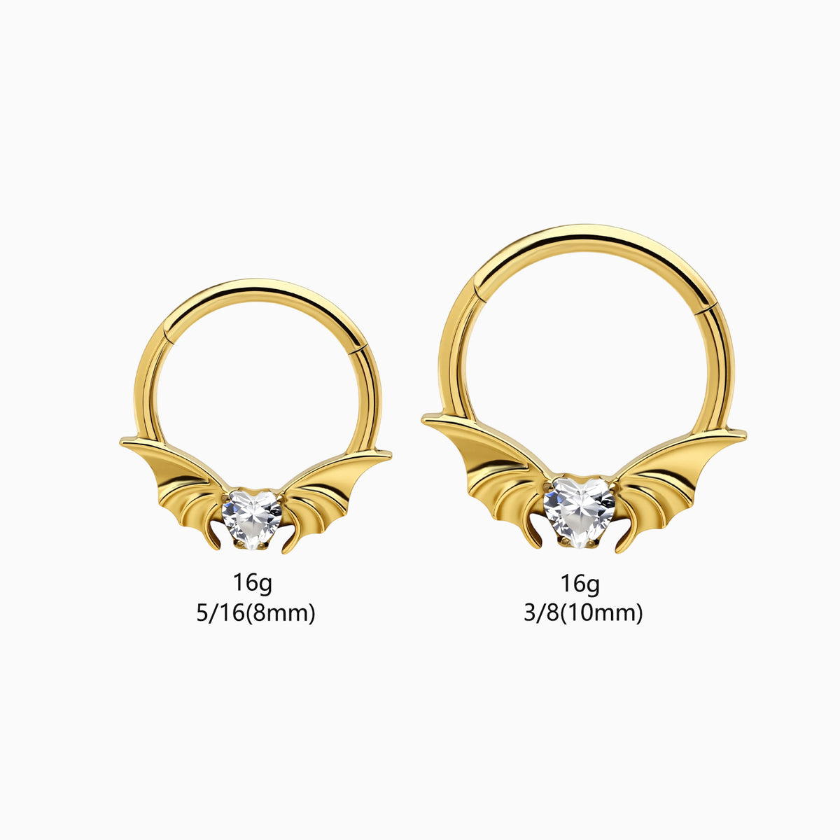 18Kt Gold PVD Titanium Heart Gem Bat Wing Front Facing Hinged Clicker