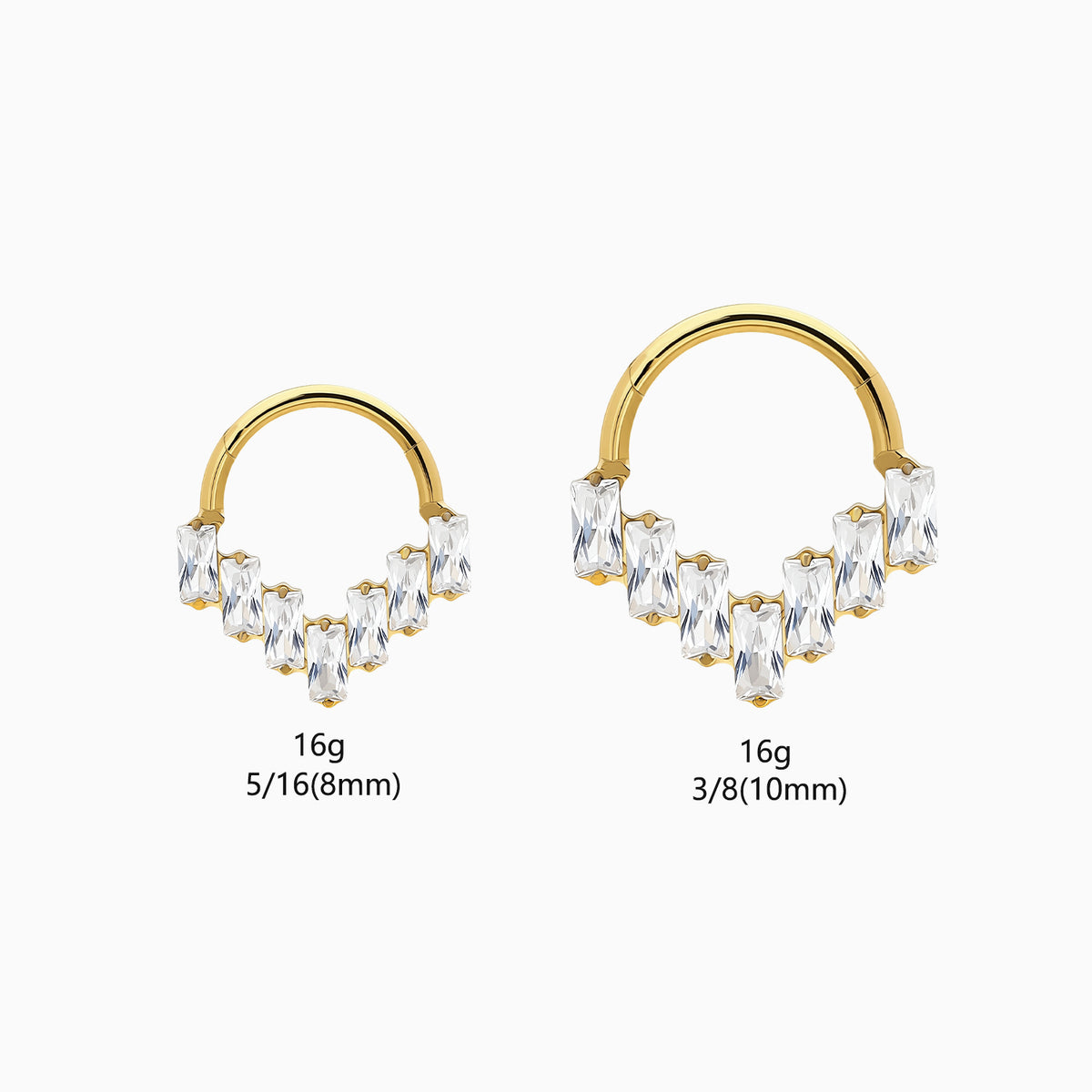 18Kt Gold PVD Titanium Baguette Gem Cluster V-Shape Front Facing Hinged Clicker