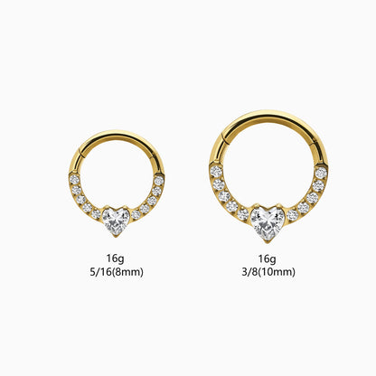 18Kt Gold PVD Titanium Heart and Round Gem Front Facing Hinged Segment Clicker