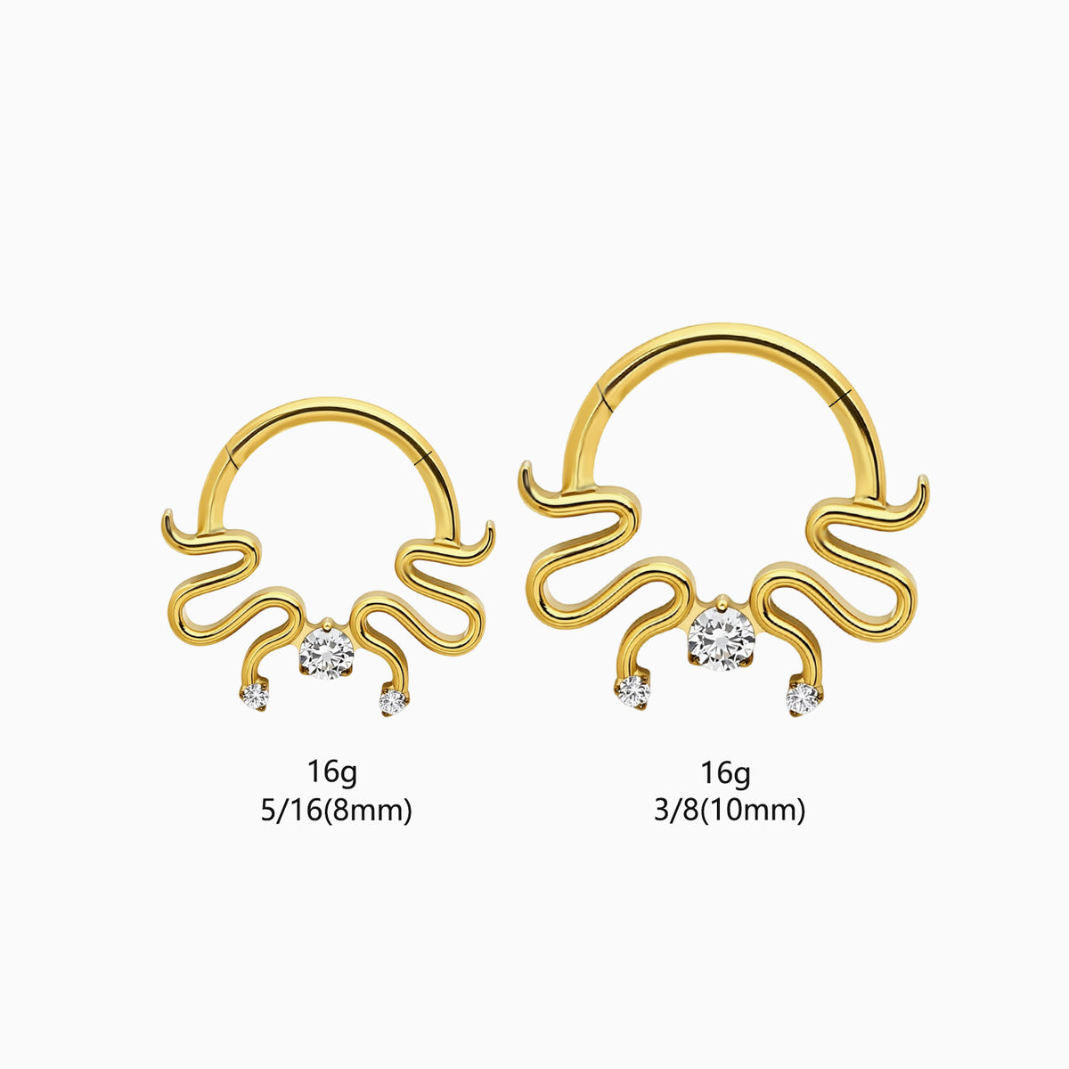 18Kt Gold PVD Titanium Wavy Snake & Round Gem Front Facing Hinged Segment Clicker