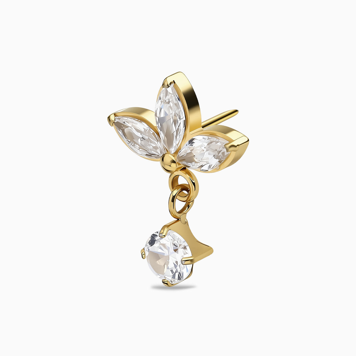 24Kt Gold PVD Titanium Threadless Triple Marquise Leaf with Hanging Gem Top