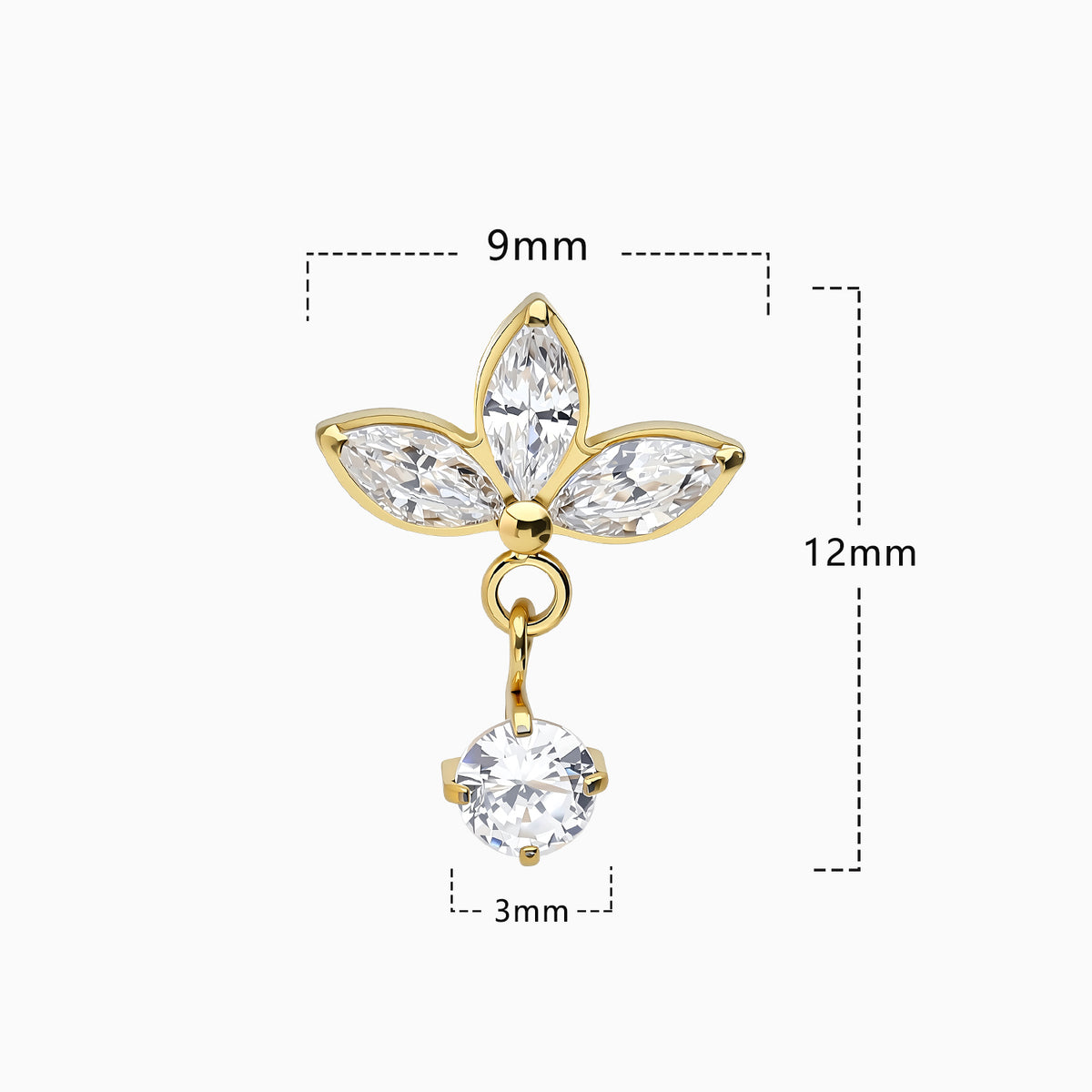 24Kt Gold PVD Titanium Threadless Triple Marquise Leaf with Hanging Gem Top