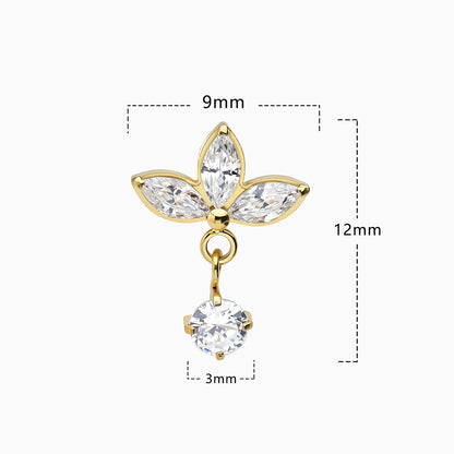 24Kt Gold PVD Titanium Threadless Triple Marquise Leaf with Hanging Gem Top